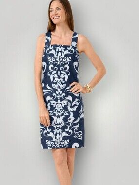 Talbots Linen Blend Shift Dress Sz 8 Navy White Damask Print New